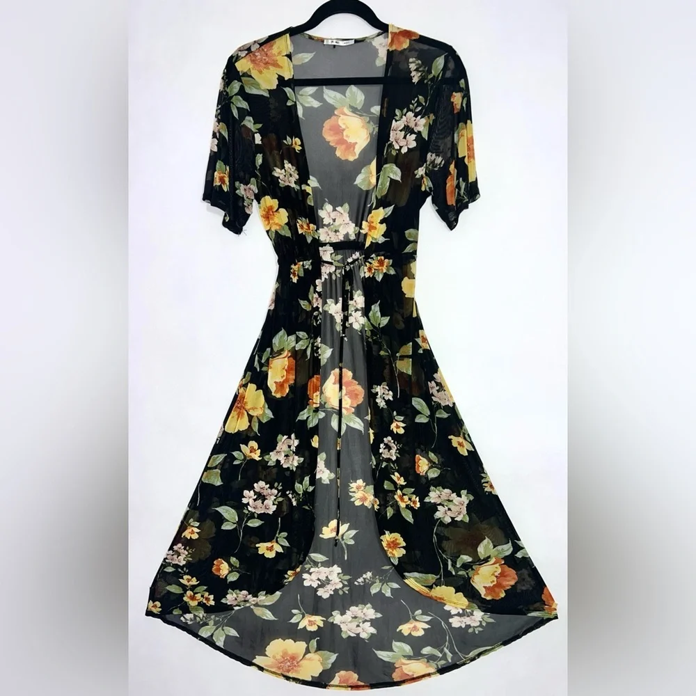 3rd + Malt black floral print sheer‎ duster cardigan cover-up with drawstring M